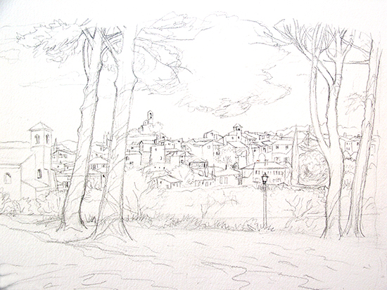 Drawing of the village of Lourmarin, in Provence, France, by John Hulsey